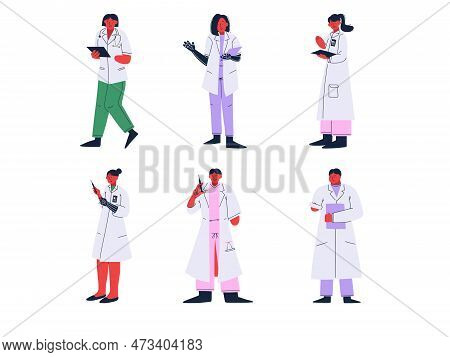 Set Of Character Medical Doctor. Healthcare And Medical Help. Doctor Works, First Aid, Conducts Rese