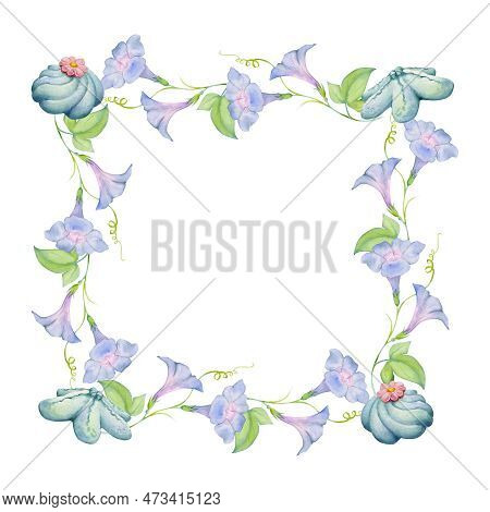 Watercolor Hand Drawn Traditional Japanese Sweets. Square Frame Of Summer Wagashi, Morning Glory. Is