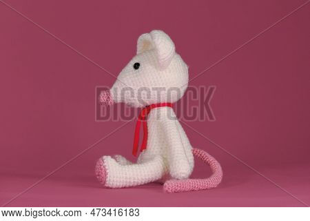 A Soft Diy Toy Made Of Natural Cotton And Wool. Cute Little Rat Crocheted, Handmade Art. Amigurumi O