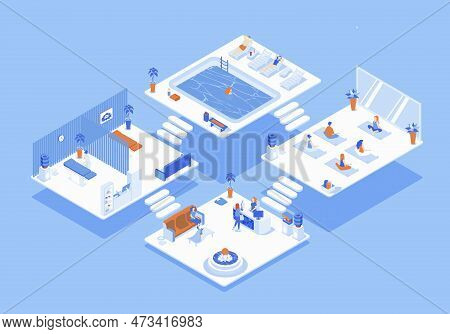 Wellness Center Concept 3d Isometric Web Scene With Infographic. People Waiting At Reception, Doing 