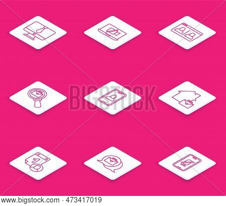 Set Line Video Chat Conference, Camera Off Laptop, Magnifying Glass With Briefcase, Online Working, 