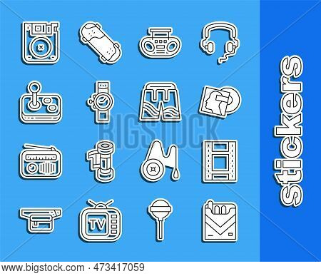 Set Line Cigarettes Pack Box, Play Video, Vinyl Disk, Home Stereo With Two Speakers, Wrist Watch, Jo
