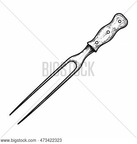 Carving Fork With Wooden Handle. Butcher And Kitchen Utensil. Chef's Tool. Hand Drawn Sketch Style D