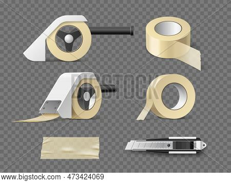 Realistic Sticky Tape With Holder. Yellow Self Adhesive Paper Mounting Tapes Different Angles View, 