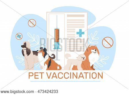 Vaccination Of Pets, Cat And Dog Professional Health Care. Vet Passport And Syringe With Vaccine. Ve