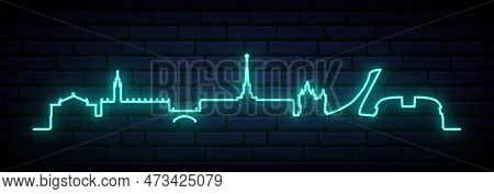 Blue Neon Skyline Of Sochi. Bright Sochi City Long Banner. Vector Illustration.