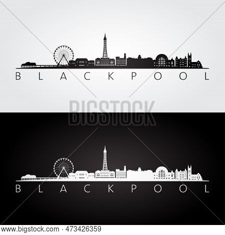 Blackpool Skyline And Landmarks Silhouette, Black And White Design, Vector Illustration.