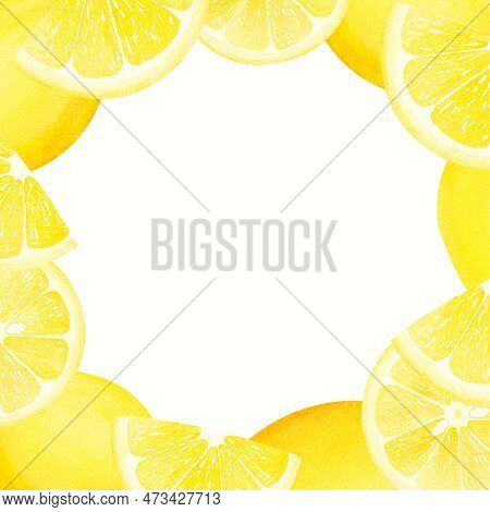 Hand Drawn Round Frame Of Watercolor Lemon. Watercolor Illustration Wreath Of Lemon . Can Be Used As