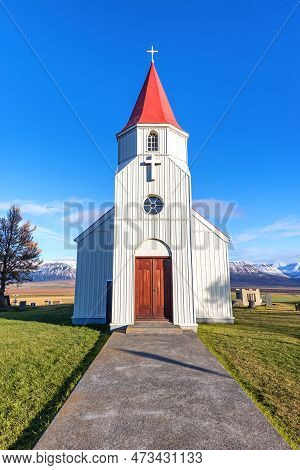 Glaumbaejarkirkja , The Glaumbaer Church, In Northern Iceland. Traditional Red And White Building Wi