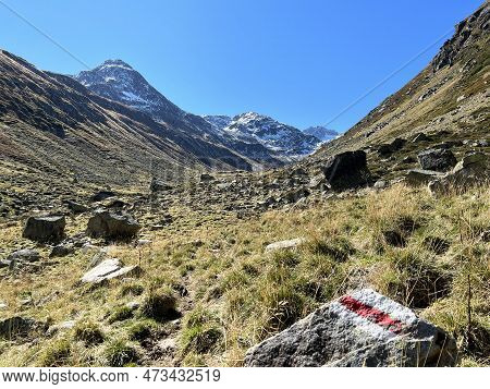 Alpine Mountaineering Signposts And Markings In The Mountainous Area Of The Albula Alps And Above Th