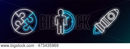 Set Line Rocket Ship With Fire, Piece Of Puzzle And Time Management Icon. Glowing Neon. Vector