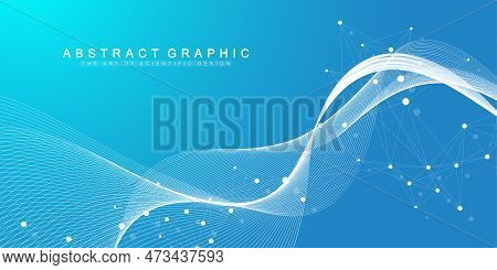 Digits Abstract Background With Connected Line And Dots, Wave Flow. Digital Neural Networks. Network