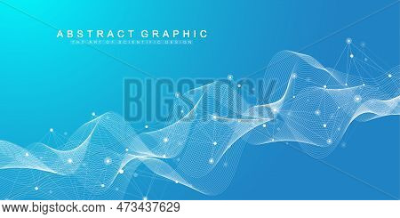 Digits Abstract Background With Connected Line And Dots, Wave Flow. Digital Neural Networks. Network