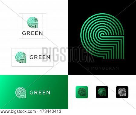 Green Logo. G Monogram Consists Of Some Thin Lines. Identity, Corporate Style, App Button Set.