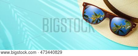 Concept Vacation And Summer Travel Banner. Happy Holidays On Sandy Tropical Sea Beach. Panama Hat An
