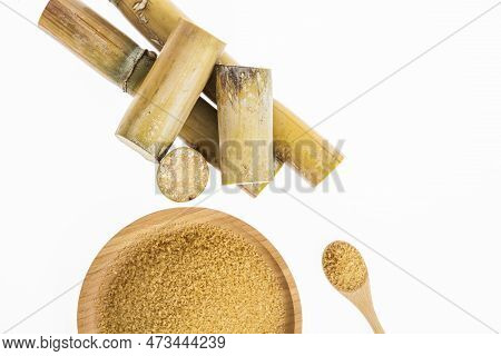 Wooden Dish With Brown Sugar On White Background