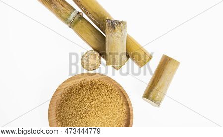 Wooden Dish With Brown Sugar On White Background
