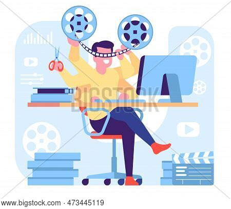 Video Editor. Process Of Film Editing. Filmmakers Work. Man Cutting Movie Tape. Cinematography Produ