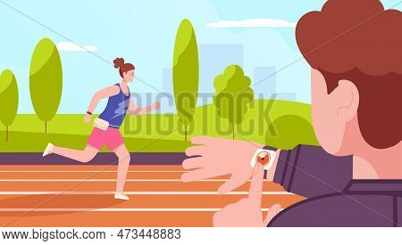 Runner Coach. Running Woman On Stadium, Trainer Checking Run Time In Stopwatch, Female Athlete Or Ma