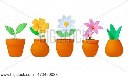 Plants In Pots 3d Icons. Flowers And Leaves, Chamomile, Lily Pot Flower. Realistic Plasticine Daisy 