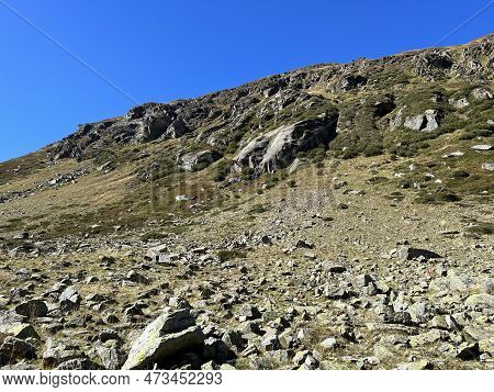 Autumn Alpine Pastures On The High Mountain Tops In The Albula Alps And Above The Swiss Mountain Roa