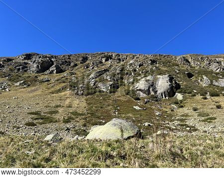 Autumn Alpine Pastures On The High Mountain Tops In The Albula Alps And Above The Swiss Mountain Roa