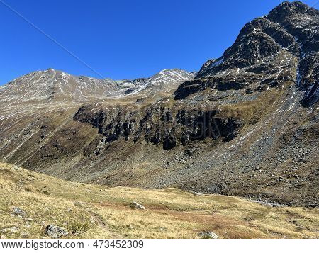 Autumn Alpine Pastures On The High Mountain Tops In The Albula Alps And Above The Swiss Mountain Roa