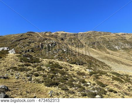 Autumn Alpine Pastures On The High Mountain Tops In The Albula Alps And Above The Swiss Mountain Roa