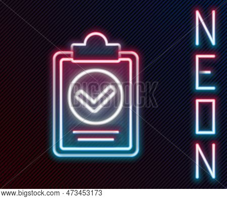 Glowing Neon Line Verification Of Delivery List Clipboard Icon Isolated On Black Background. Colorfu