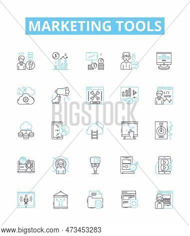 Marketing Tools Vector Line Icons Set. Tools, Marketing, Crm, Seo, Email, Social, Analytics Illustra