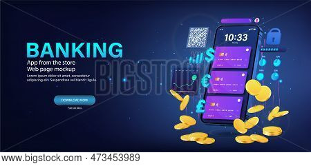 Online Banking With Multicurrency Card. 3d Smartphone