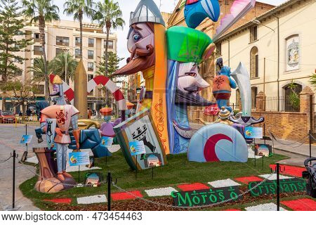 Burriana, Spain 18-03-2023: View Of The Sculpted Monument For Its Exhibition And Its Burning In The 