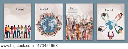 Poster Template With Group Of People Of Diverse Cultures. Hands Raised Around The Earth. Together Co