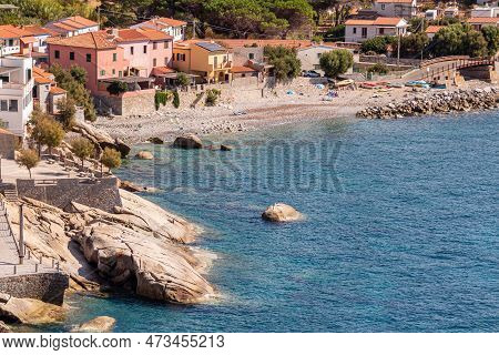 Little Free Public Pebble And Rocky Beach At Pomonte, Elba, Italy