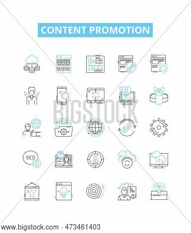 Content Promotion Vector Line Icons Set. Marketing, Advertising, Publicity, Networking, Distribution
