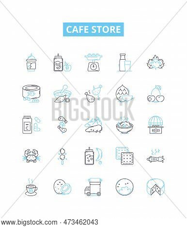Cafe Store Vector Line Icons Set. Cafe, Store, Coffee, Drinks, Food, Bakery, Desserts Illustration O