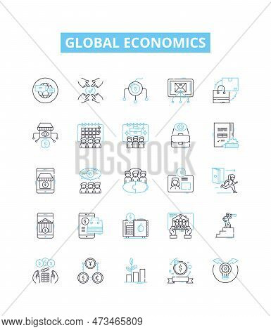 Global Economics Vector Line Icons Set. Globalisation, Economics, International, Trade, Finance, Mar
