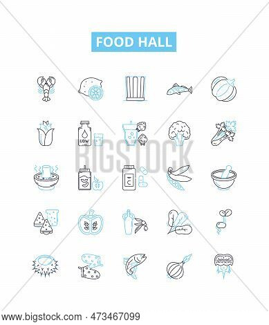 Food Hall Vector Line Icons Set. Food, Hall, Eatery, Cafeteria, Canteen, Buffet, Bistro Illustration