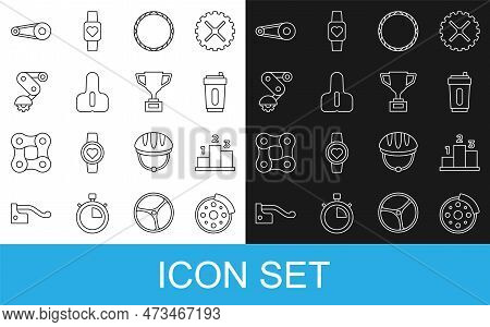 Set Line Bicycle Brake Disc, Award Over Sports Winner Podium, Sport Bottle With Water, Wheel, Seat, 