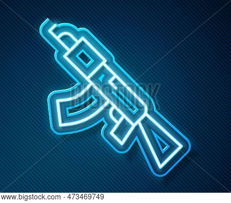 Glowing Neon Line Submachine Gun Icon Isolated On Blue Background. Kalashnikov Or Ak47. Vector