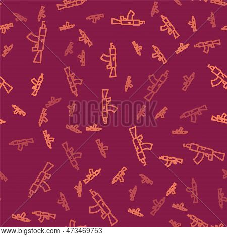 Brown Line Submachine Gun Icon Isolated Seamless Pattern On Red Background. Kalashnikov Or Ak47. Vec