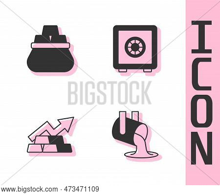 Set Molten Gold Being Poured, Bag Of Bars, Growth Arrow With And Safe Icon. Vector