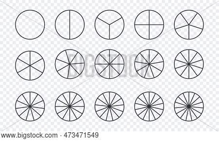 Circles Divided Into Parts From 1 To 15. Outline Round Chart For Infographic, Pie Portion Or Pizza S