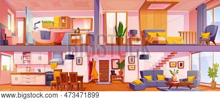 Cross Section Plan Of Cartoon House Interior Design. Vector Illustration Of Cozy Two Floor Apartment