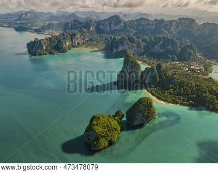 Railay Beach Krabi Thailand, Tropical Beach Of Railay Krabi, Panoramic View Of Idyllic Railay Beach 