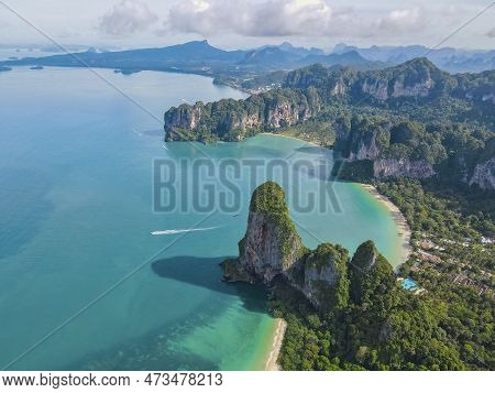 Railay Beach Krabi Thailand, Tropical Beach Of Railay Krabi, Drone Aerial View Of Panoramic View Of 