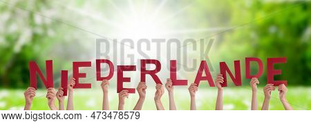 People Hands Building Word Niederlande Means Netherlands, Grass Meadow