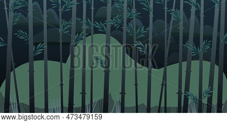Bamboo Night Landscape Background. Tropical Reed Beds. Jungle And Rainforest Of Southern Latitudes. 