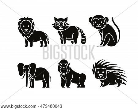 Set Of Cute Wild Animals Icons Over White Background, Silhouette Style, Vector Illustration