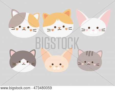 Cute Cat Face Set. Vector Illustration In Flat Cartoon Style.